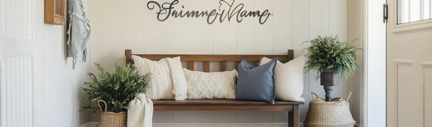 A cozy wooden bench adorned with pillows and a welcoming sign