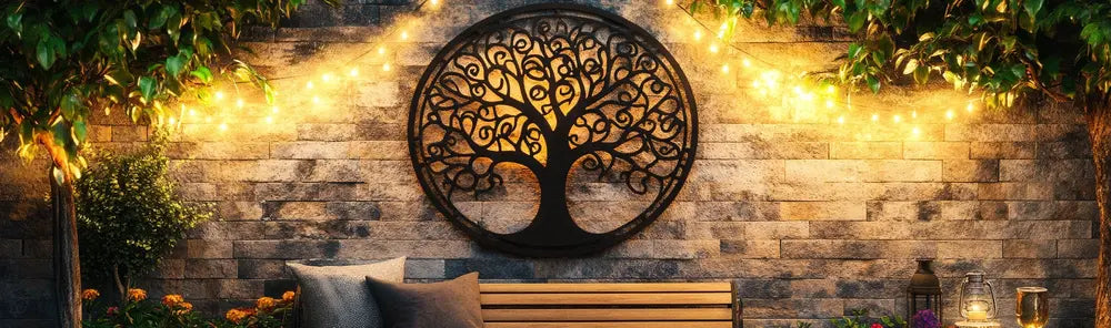 Outdoor setting with tree of life metal wall art, string lights