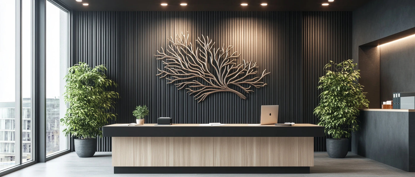  Modern office with tree-inspired metal wall decor and plants