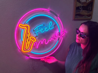 Feel Music Neon Metal Sign, Neon Wall Decor