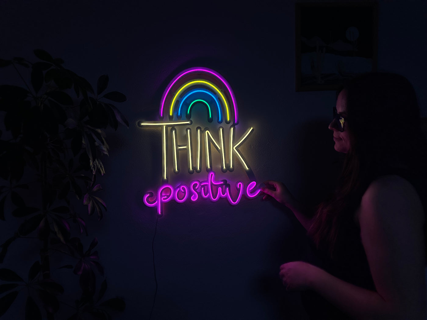 Think Positive Neon Sign, Neon Metal Wall Decor