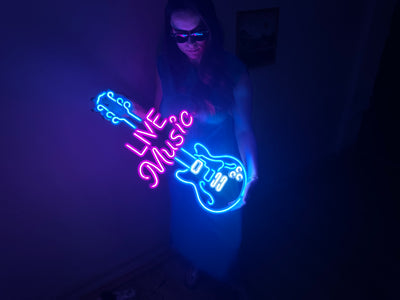 Live Music Guitar Neon Metal Sign