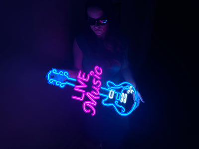 Live Music Guitar Neon Metal Sign