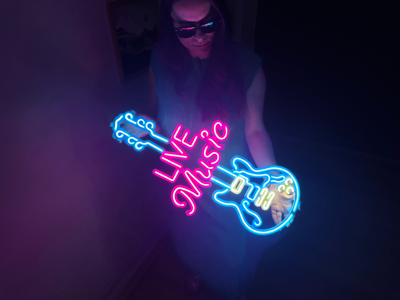 Live Music Guitar Neon Metal Sign