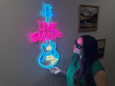 Live Music Guitar Neon Metal Sign