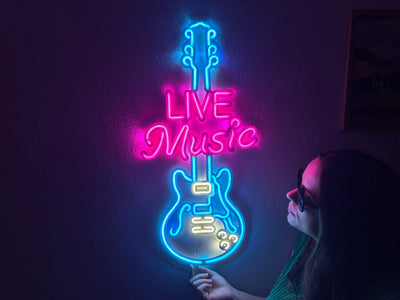 Live Music Guitar Neon Metal Sign