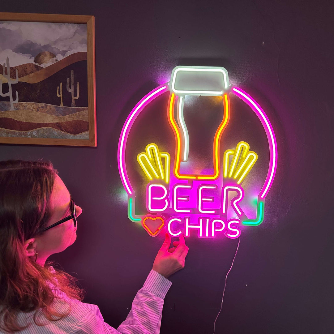 Beer and Chips Neon Metal Sign - Neon Signs available at Dekadron for $109.00